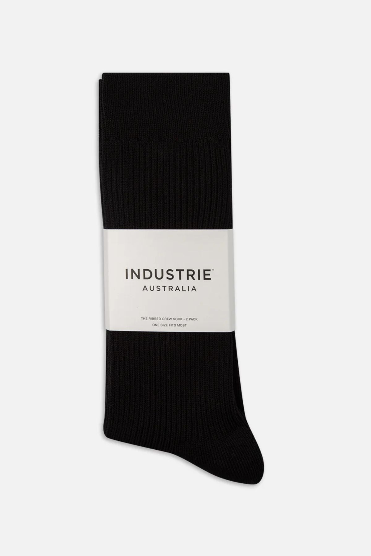 A pair of Industrie Crew Sock 2pk plain black ribbed socks, folded together with a white label reading "Industrie Australia," is displayed against a plain light background.