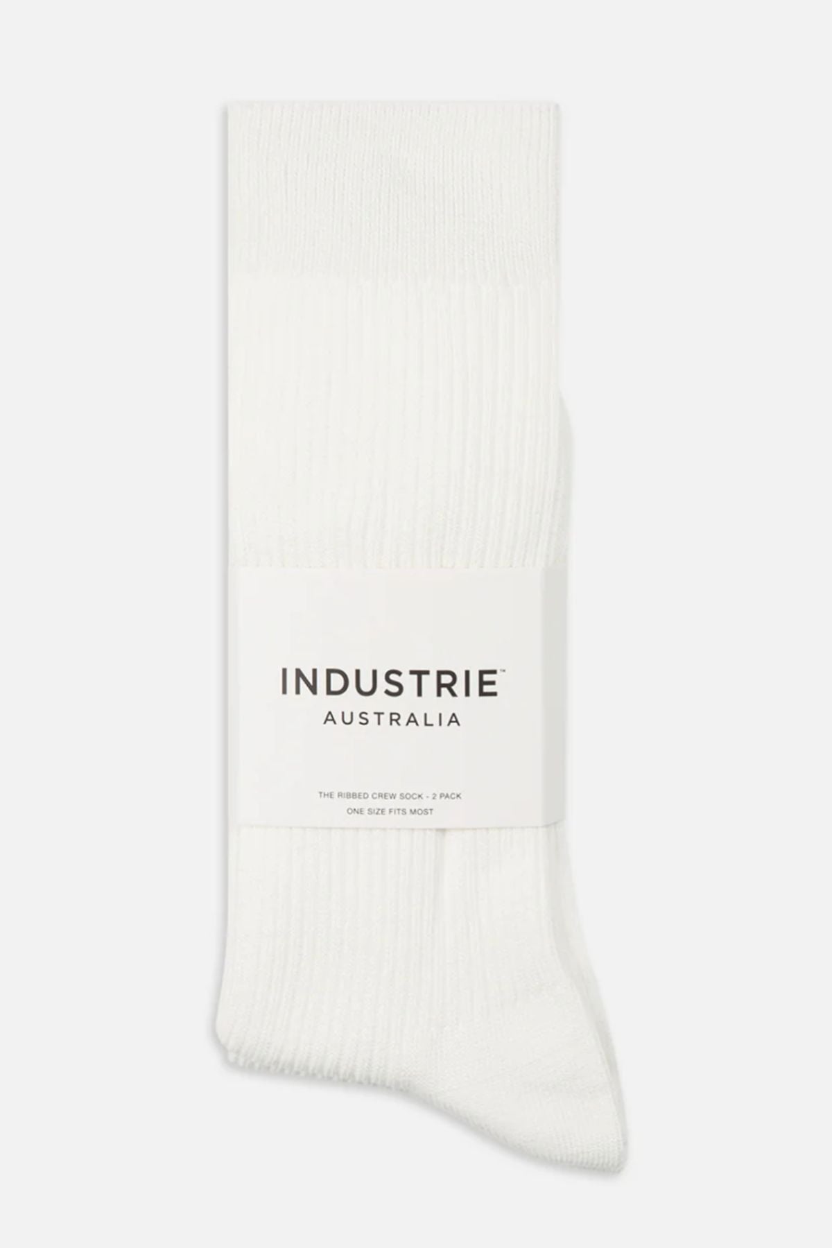 A 2-pack of comfortable Industrie Crew socks, ribbed and folded together with a white label wrapped around them showing the brand name “INDUSTRIE AUSTRALIA.”.