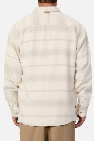 A person is seen from the back wearing the Industrie The Arizona Long Sleeve Shirt in light beige and cream stripes with tan pants. This classic fit shirt features buttoned cuffs and is made from 100% cotton.