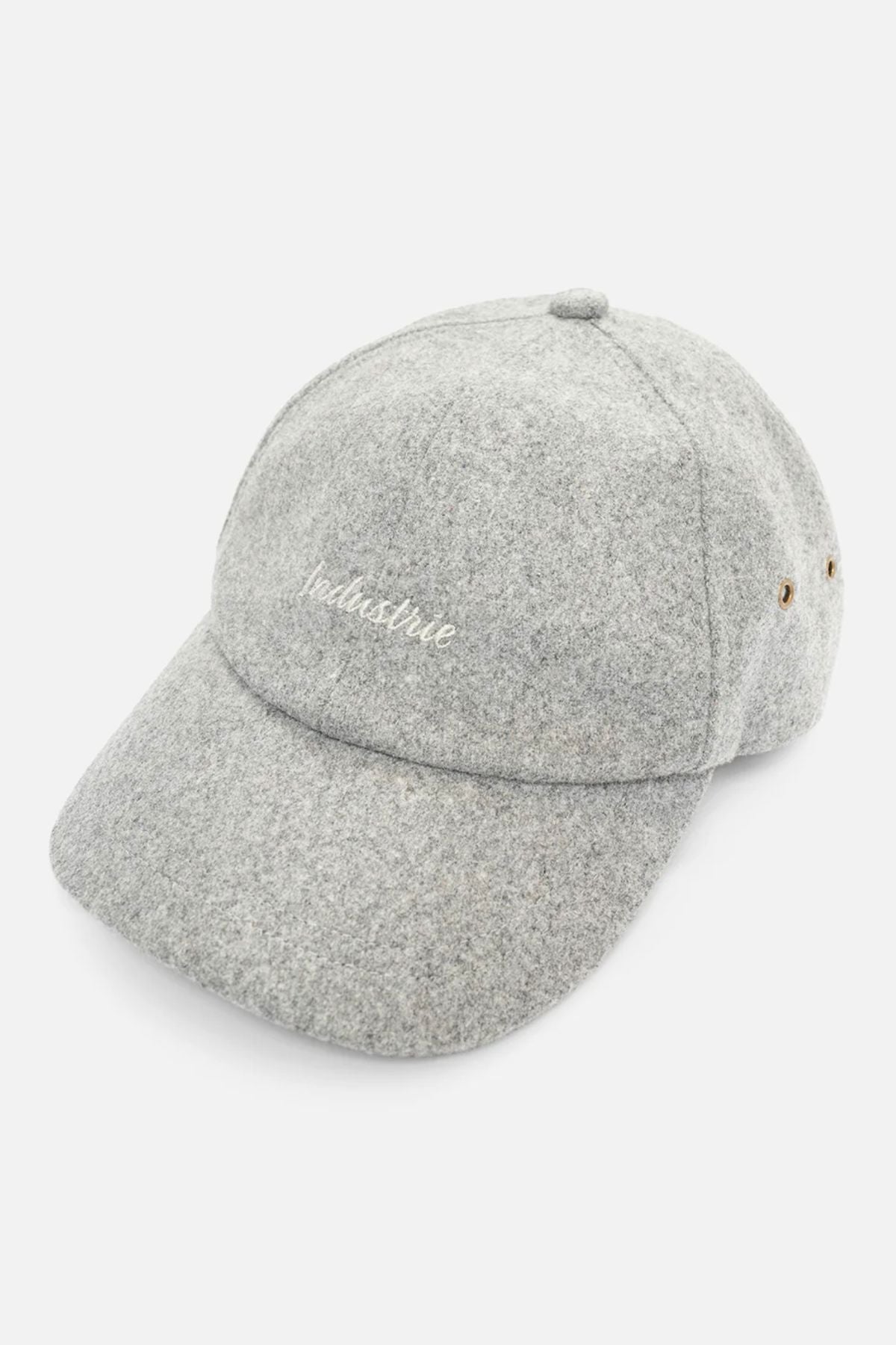 The Industrie Claude Cap is a light gray wool blend hat with "Industrie" embroidered in white, a curved brim, side ventilation eyelets, and an adjustable strap for comfort.
