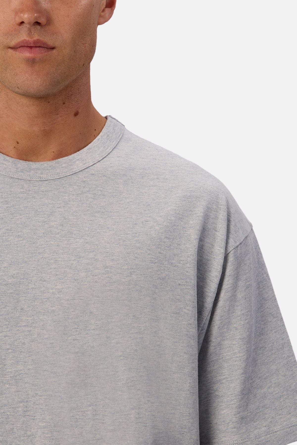 A close-up of the upper body shows a person in a light gray Industrie The Del Sur Tee with an oversized fit, shoulders up, left side of the face partly visible, set against a plain white background.