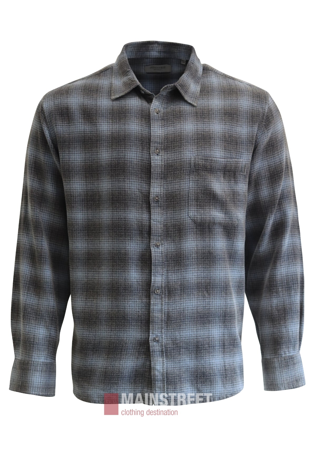 The Industrie Durango Long Sleeve Shirt features a grey and black plaid pattern, button-up front, collar, and single chest pocket. This essential cotton shirt is shown on a white background.