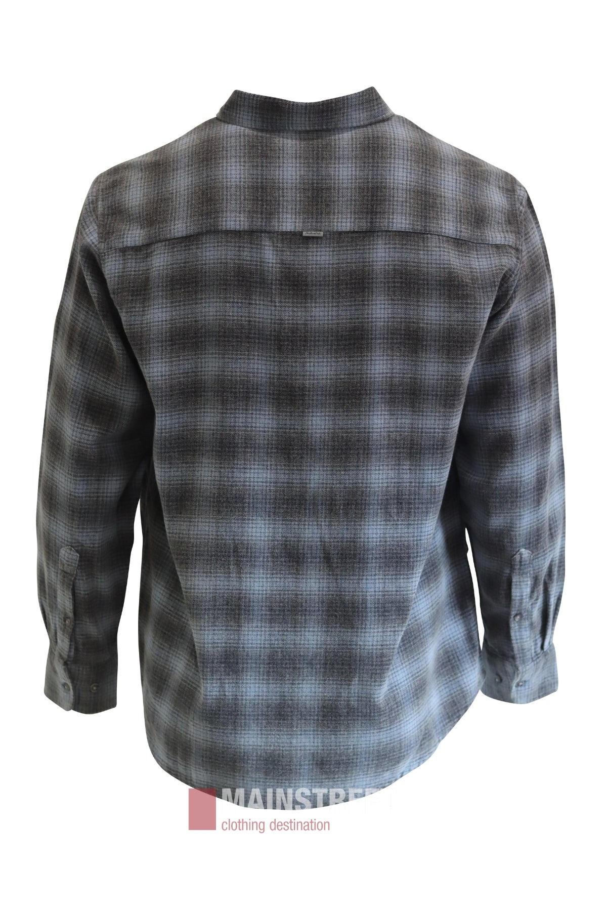 Back view of the Industrie Durango Long Sleeve Shirt in gray and black plaid cotton on a white background. Features a collar, buttoned cuffs, and a partially visible MAINSTREET clothing destination logo at the hem.