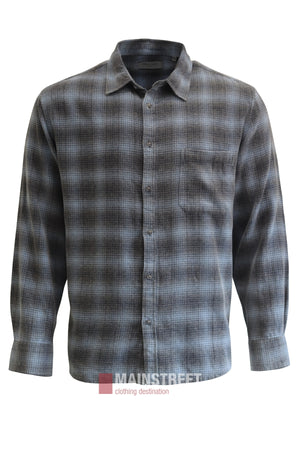 The Industrie Durango Long Sleeve Shirt features a grey and black plaid pattern, button-up front, collar, and single chest pocket. This essential cotton shirt is shown on a white background.