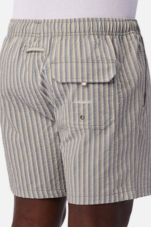 A person is shown from the back waist to mid-thigh, wearing Industrie The Formosa Swim Short in blue and beige stripes, featuring a back flap pocket and an elastic waistband.