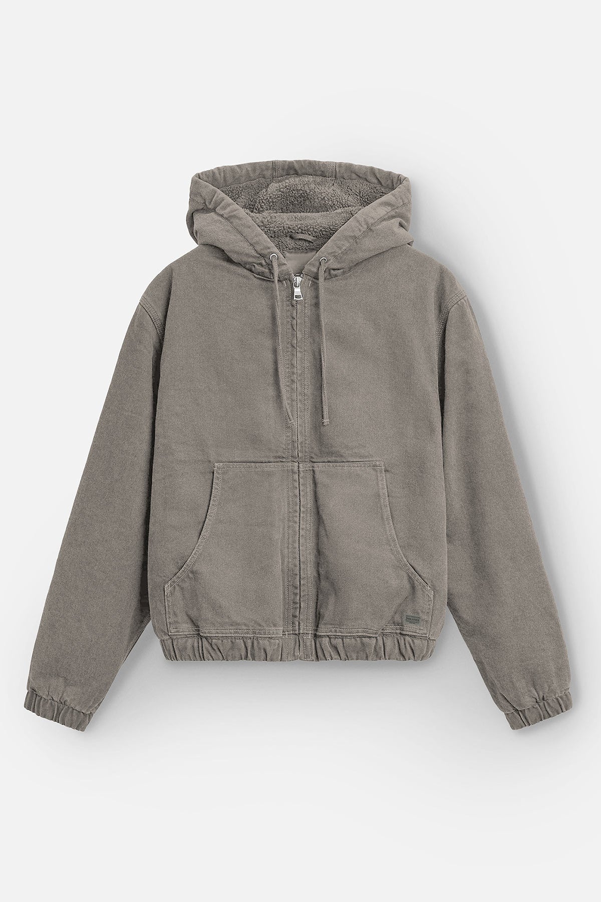 The Industrie The Illinois Jacket in gray features a heavyweight build, front pouch pocket, and elastic cuffs and hem, displayed on a plain white background.