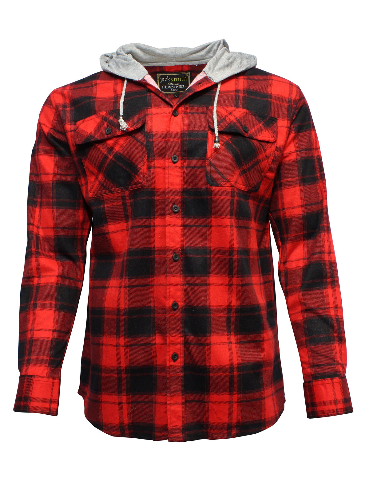 The Jack Smith Hooded Flannelette Shirt in red and black features long sleeves, buttoned chest pockets, a gray hood with white drawstrings, and is made from a comfortable cotton-polyester blend.