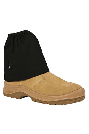 A tan suede work boot with a thick rubber sole, protected by the JBs Boot Cover—a black cotton drill cover that shields the ankle and upper boot.