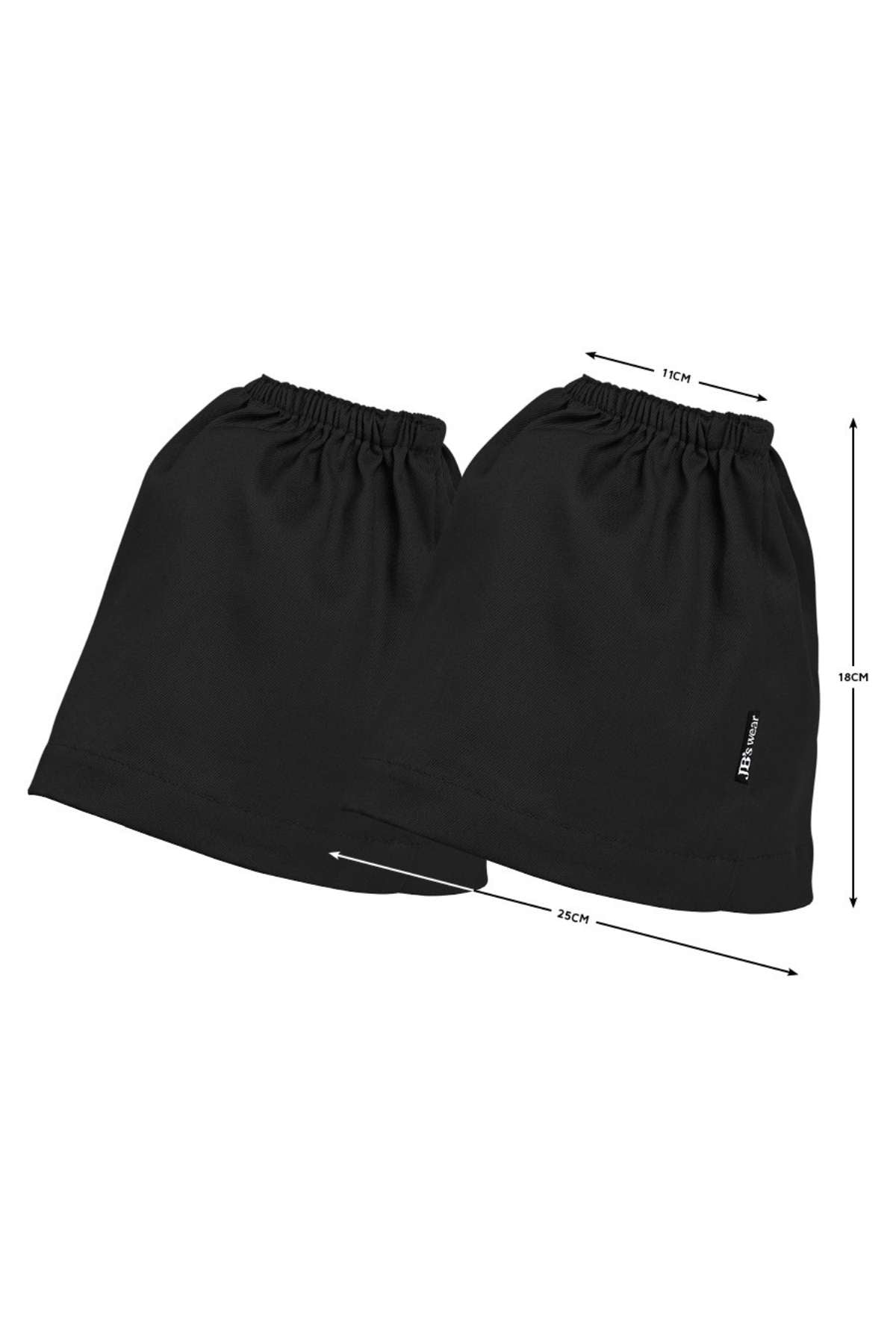 Two JB's Boot Covers made from black cotton drill, each with elastic openings. Dimensions: 25cm wide at the base, 18cm tall, and 11cm wide at the top opening. Both covers are displayed side by side.