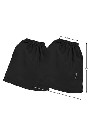 Two JB's Boot Covers made from black cotton drill, each with elastic openings. Dimensions: 25cm wide at the base, 18cm tall, and 11cm wide at the top opening. Both covers are displayed side by side.