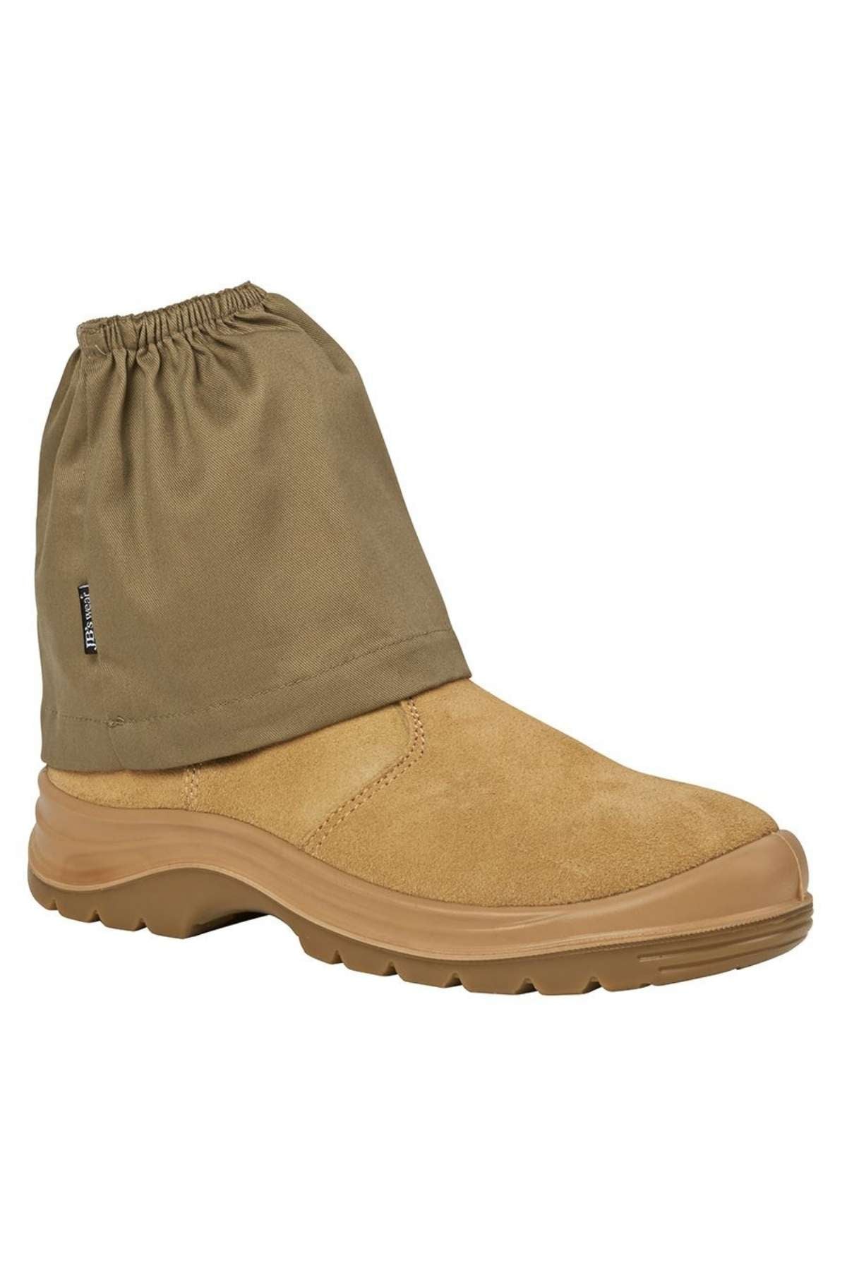JBs Boot Cover: An olive green cotton drill gaiter with an elastic top for a snug fit, designed to cover the ankle and protect footwear.