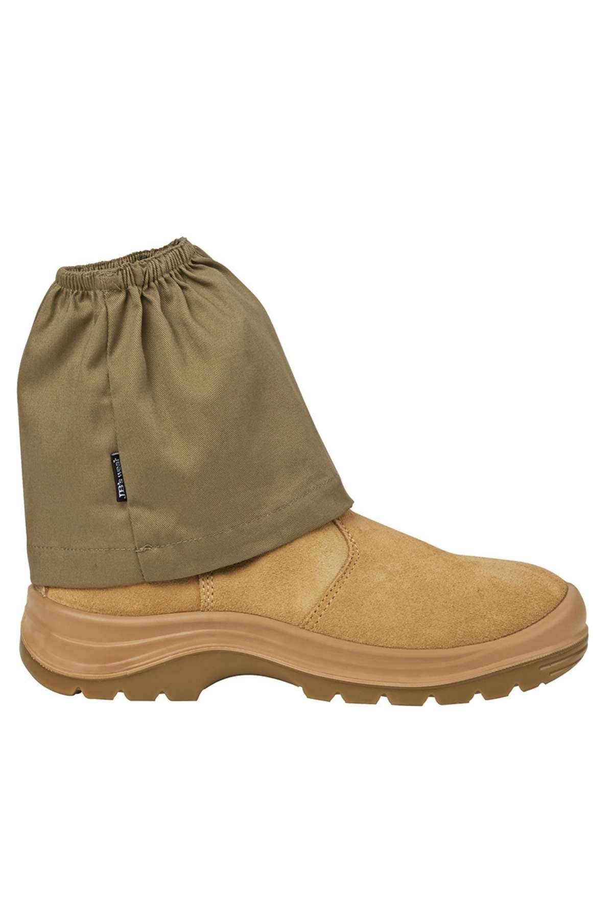JBs Boot Cover is a khaki cotton drill dust cover for work boots, featuring an elastic band to protect the ankle and upper part, and fits securely over tan boots with light brown soles.