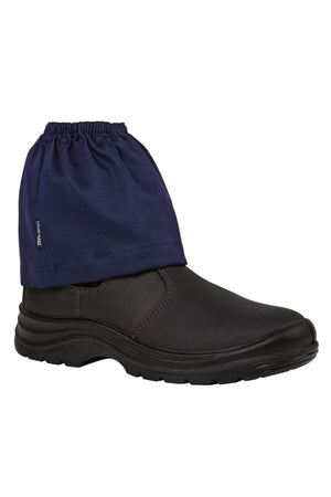 JBs Boot Cover is a black work boot protector featuring a navy blue cotton drill gaiter that covers the ankle and upper, with an elastic top for a secure fit and enhanced protection.