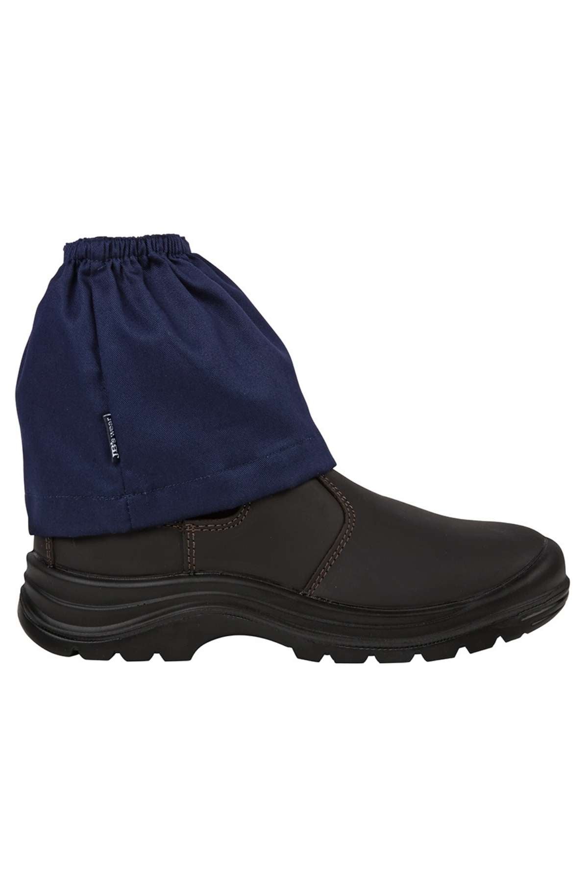 JBs Boot Cover in dark blue cotton drill protects the ankle and upper part of a black slip-on work boot with a thick sole, shown against a white background.