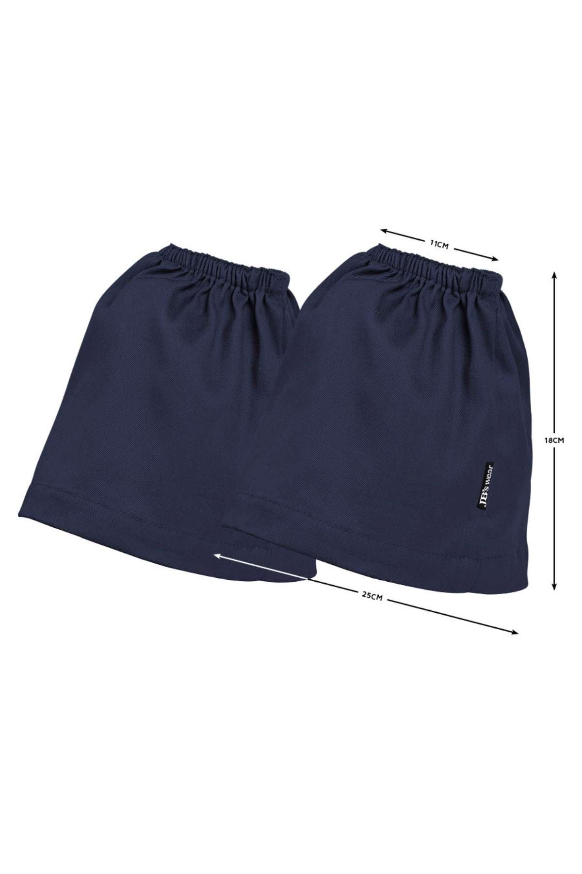 Two JB's Boot Covers in navy cotton drill with elastic tops are shown side by side. Dimensions: 11cm wide, 18cm high, and 25cm wide at the base.