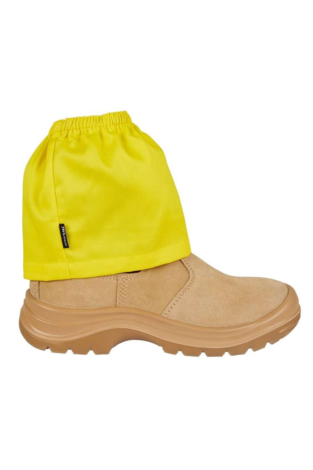 The JB's Boot Cover is a bright yellow, one-size-fits-all protector made from durable cotton drill, covering the ankle of a tan work boot and shown against a plain white background.