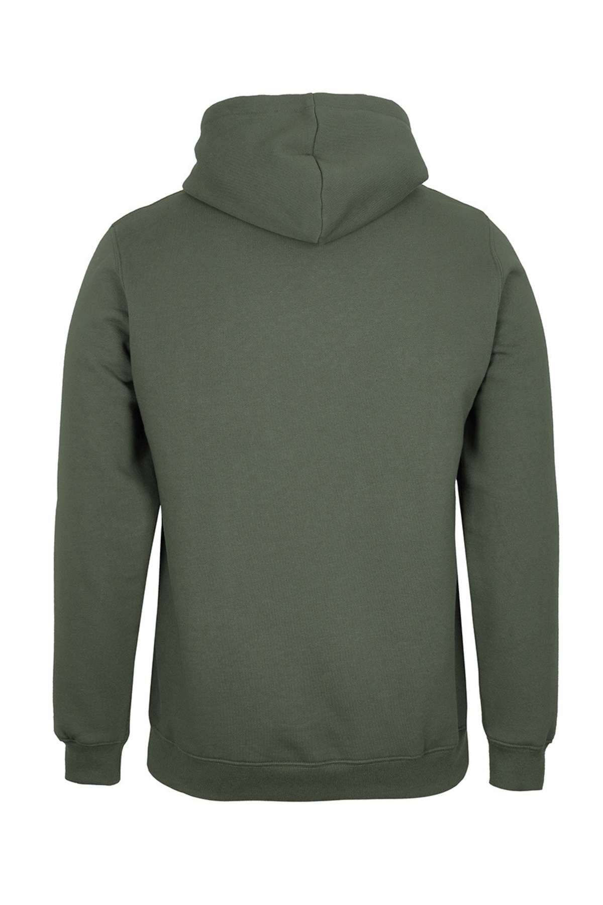The image shows the JBs Fleecy Hoodie in plain olive green, displayed from the back. This hooded sweatshirt features long sleeves, ribbed cuffs and hem, a cozy fleece lining, and no visible designs or pockets.