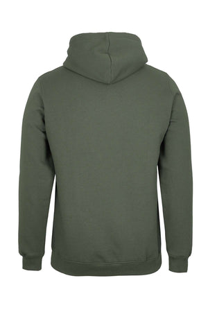 The image shows the JBs Fleecy Hoodie in plain olive green, displayed from the back. This hooded sweatshirt features long sleeves, ribbed cuffs and hem, a cozy fleece lining, and no visible designs or pockets.