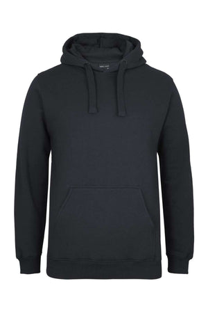 The JBs Fleecy Hoodie is a plain black pullover featuring a front pocket, drawstrings, and rib knit cuffs, shown against a white background.