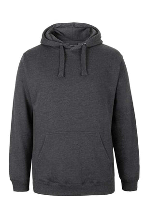 The JBs Fleecy Hoodie is a plain dark gray hoodie with a front pocket, drawstring hood, and long sleeves, crafted from a cozy cotton-polyester blend with soft fleece lining and displayed against a white background.