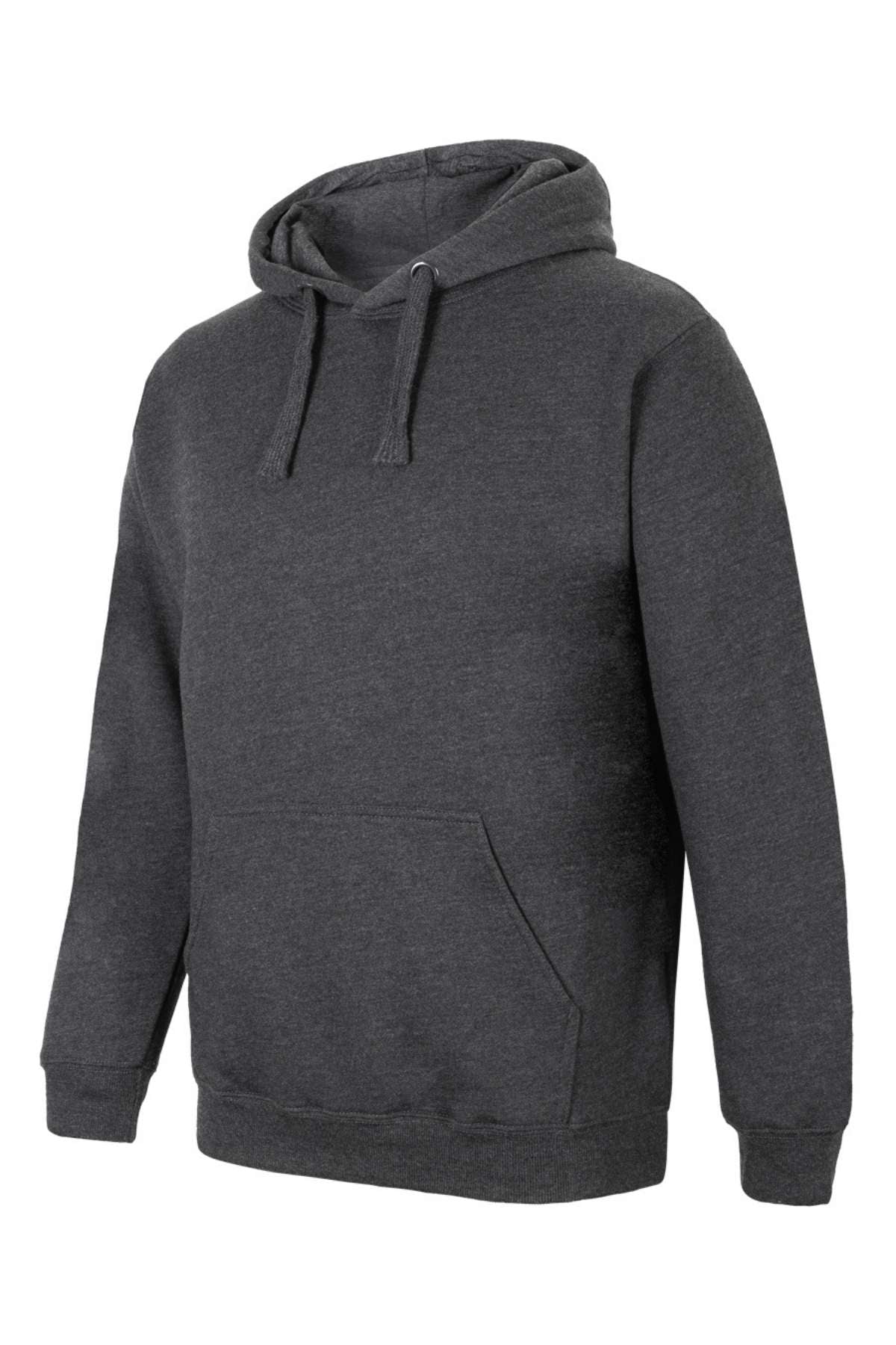 The JBs Fleecy Hoodie, in plain dark gray cotton-polyester with a soft fleece lining, front pocket, and drawstrings, is shown on a white background.