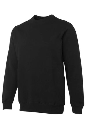 The JBs Fleecy Sweat is a plain black, long-sleeve crewneck jumper shown on a white background. Made from a soft Cotton/Polyester blend, it features ribbed cuffs and hem with a comfortable, relaxed fit.