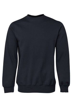 The JBs Fleecy Sweat is a plain black crewneck jumper with long sleeves, ribbed cuffs, and a ribbed waistband, made from a soft cotton/polyester blend, shown against a white background.