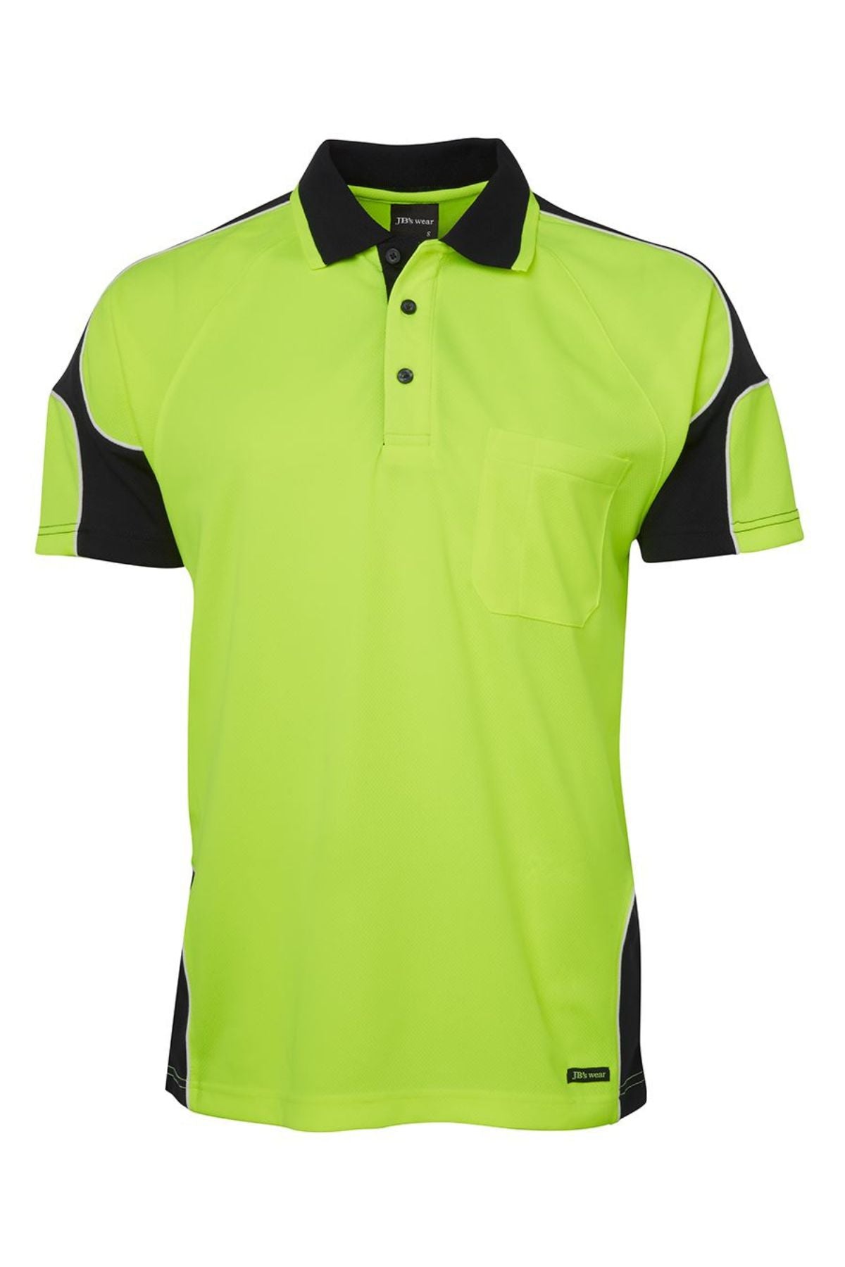 The JBs Hi Vis Arm Panel Polo is a bright lime green polyester shirt featuring a black collar, black sleeves, chest pocket, and white piping accents along the shoulders and sides.