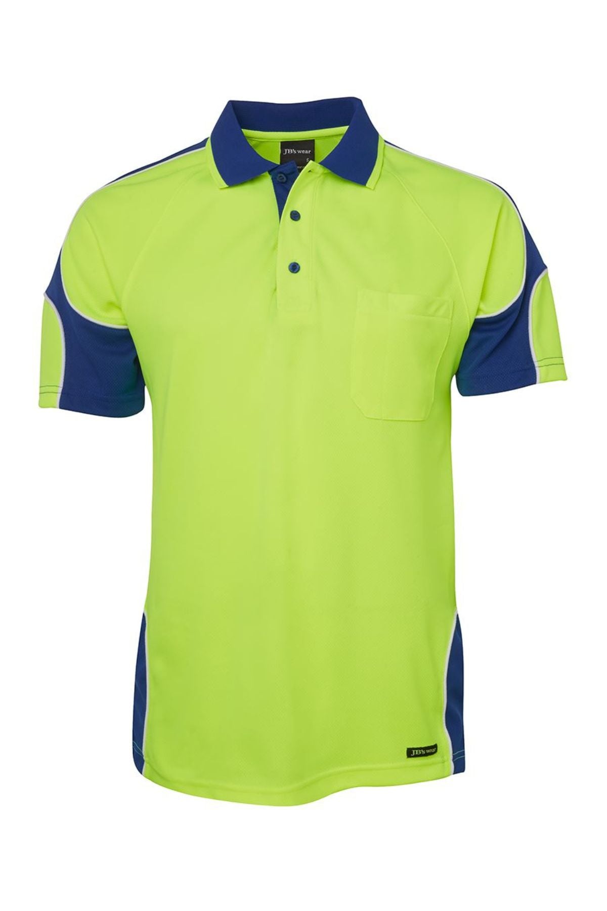 The JBs Hi Vis Arm Panel Polo features a bright yellow-green body, blue collar, blue sleeve and side panels, reflective piping for visibility, and a left chest pocket.