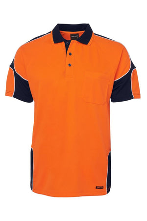 The JBs Hi Vis Arm Panel Polo is a bright orange short-sleeve shirt made from 100% polyester, featuring a chest pocket, navy blue collar, sleeves, and side panels with white piping, plus a button-up placket for a sporty style.