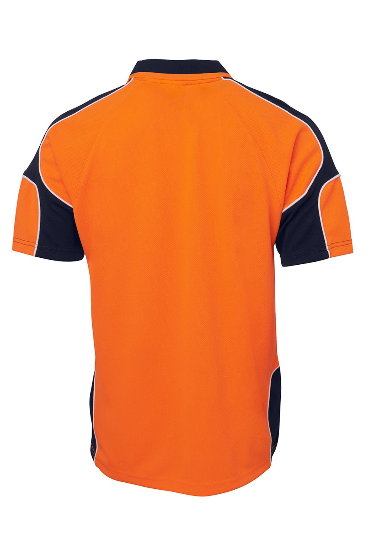 The JBs Hi Vis Arm Panel Polo is a bright orange short-sleeve polo with black collar and sleeve panels, white piping along the seams, made from 100% polyester. Shown from the back.