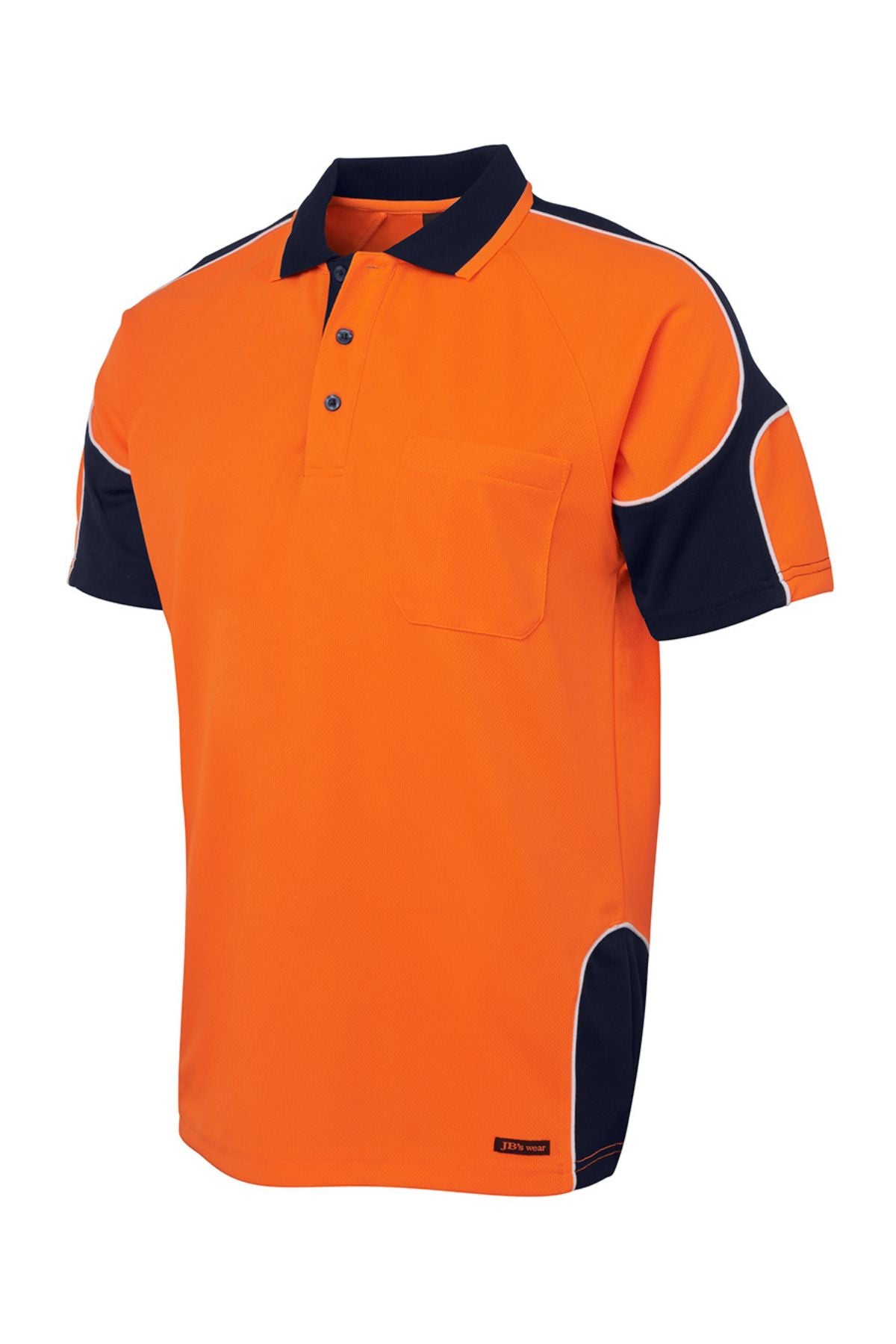 The JBs Hi Vis Arm Panel Polo is a short-sleeved, bright orange 100% polyester shirt with a chest pocket, black collar, and black and white accents on the sleeves and sides.