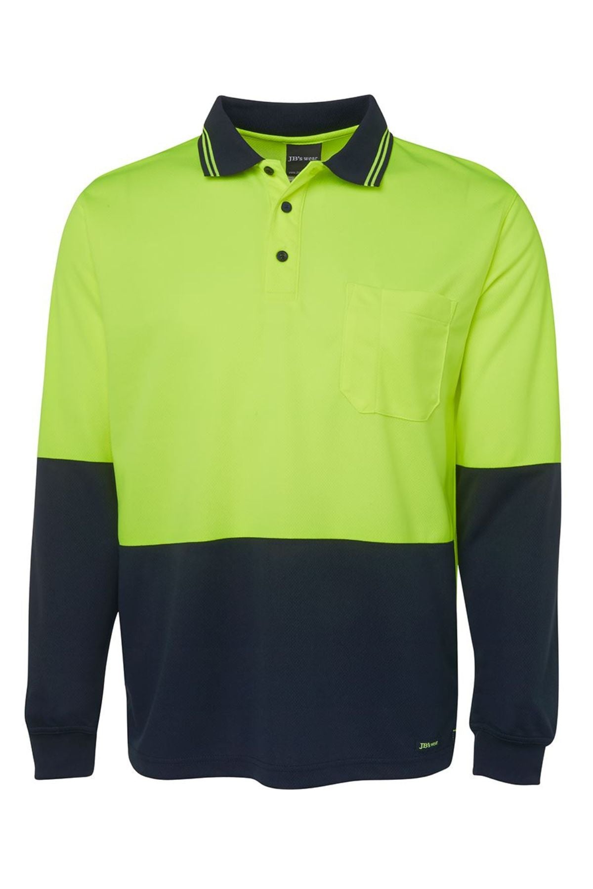 The JBs Hi Vis L/S Traditional Polo features durable polyester, a bright yellow top with contrast panels, a black lower half, a black collar with yellow stripes, and a handy left chest pocket.