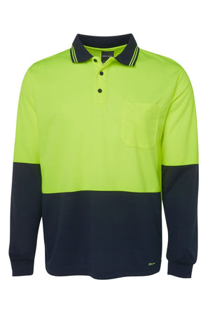 The JBs Hi Vis L/S Traditional Polo features durable polyester, a bright yellow top with contrast panels, a black lower half, a black collar with yellow stripes, and a handy left chest pocket.