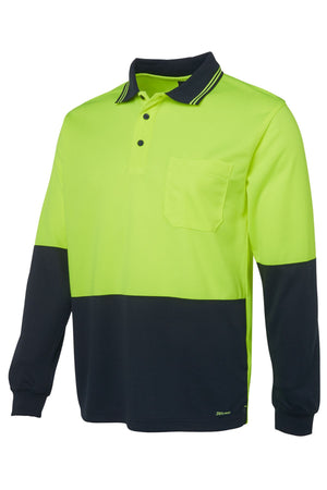 The JBs Hi Vis L/S Traditional Polo is a long-sleeve, high-visibility polyester polo in yellow-green and navy with contrasting panels, a chest pocket, collar, and buttons—perfect for reliable workwear.