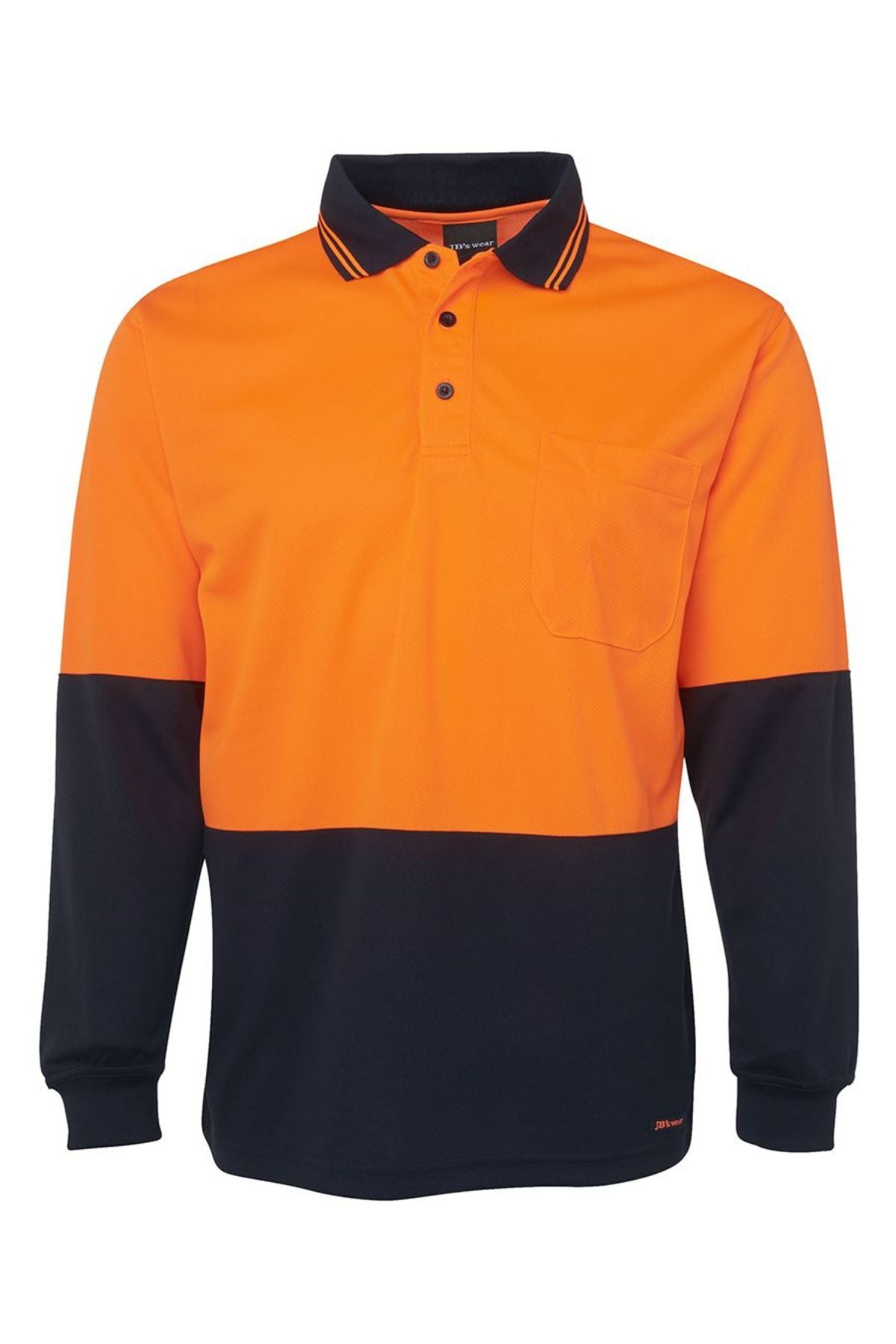 The JBs Hi Vis L/S Traditional Polo is a polyester long-sleeve shirt with a bright orange top, black bottom, collar with orange stripes, button placket, chest pocket, and black cuffs.