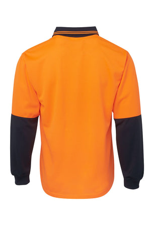 A JBs Hi Vis L/S Traditional Polo with an orange polyester body and black sleeves, collar, and cuffs, shown from the back on a plain white background.