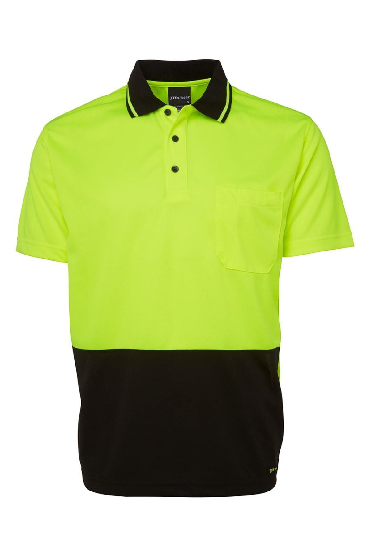The JBs Hi Vis Non Cuff Traditional Polo is a short-sleeved, 100% polyester shirt with a neon yellow top, black bottom, black collar with yellow trim, three-button placket, and a chest pocket for high visibility.