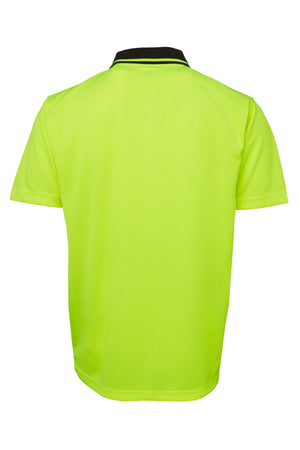 The JBs Hi Vis Non Cuff Traditional Polo is a bright yellow short-sleeve polo with a black collar, made from 100% polyester and shown from the back against a white background.