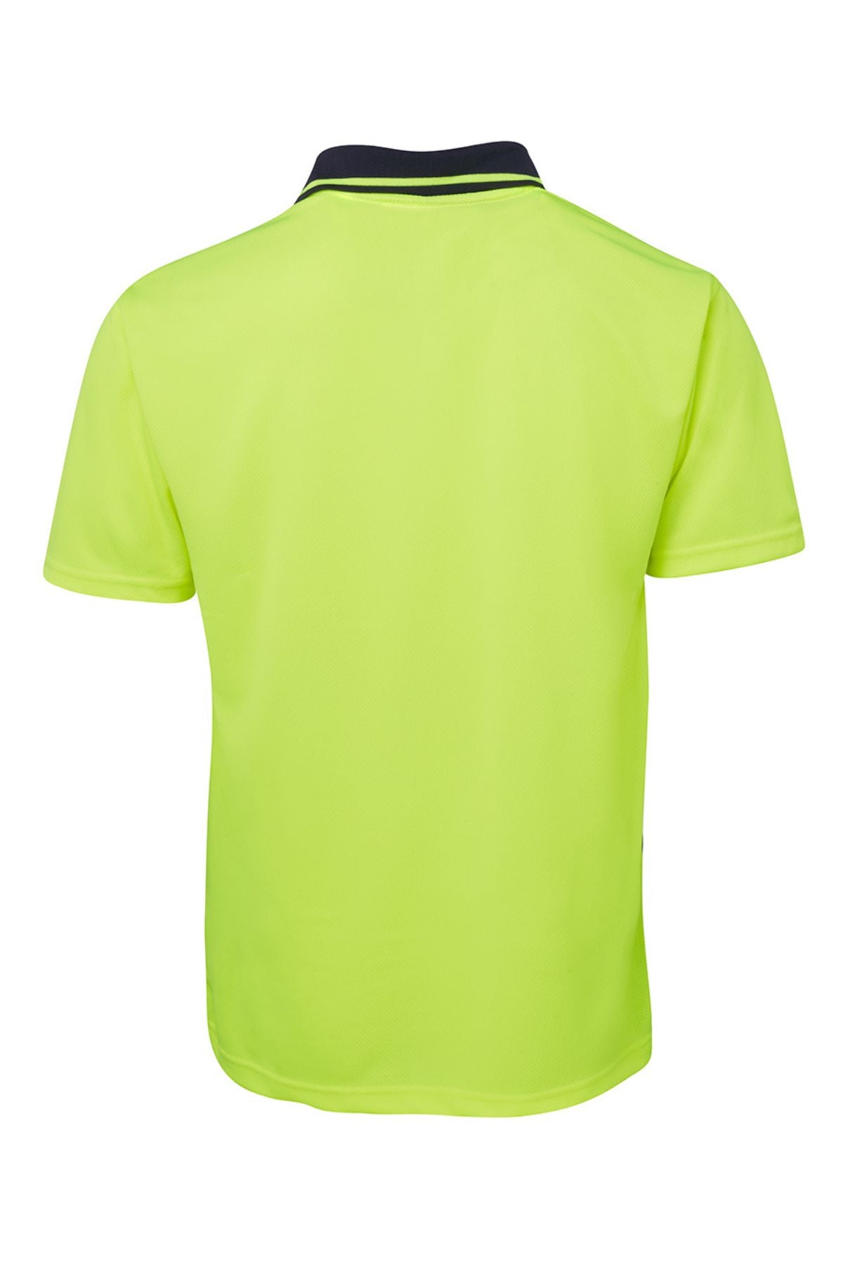 The JBs Hi Vis Non Cuff Traditional Polo is a short-sleeved, neon yellow 100% polyester shirt shown from the back, featuring a black collar with a thin white stripe near the edge.