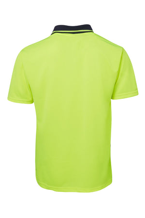 The JBs Hi Vis Non Cuff Traditional Polo is a short-sleeved, neon yellow 100% polyester shirt shown from the back, featuring a black collar with a thin white stripe near the edge.