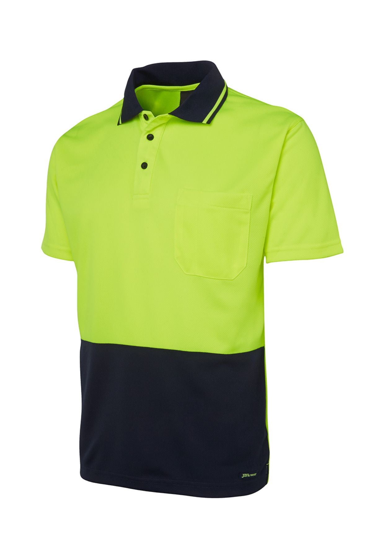 The JBs Hi Vis Non Cuff Traditional Polo is a 100% polyester short-sleeve shirt with a bright yellow top, dark navy bottom, front chest pocket, black buttons, and a collar with a slim yellow stripe.