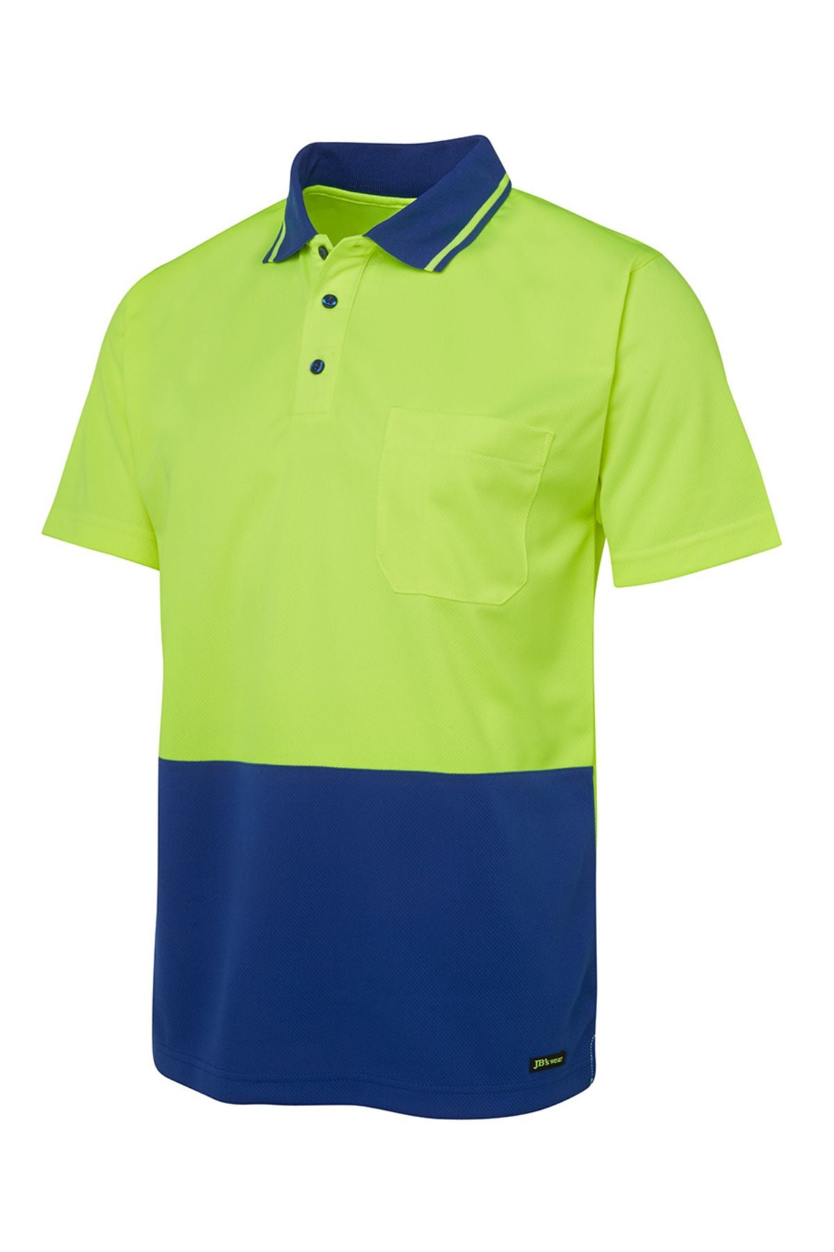 The JBs Hi Vis Non Cuff Traditional Polo is a 100% polyester shirt with a bright yellow-green top, solid navy blue bottom, buttons, a chest pocket, collar, and dark trim on the collar.