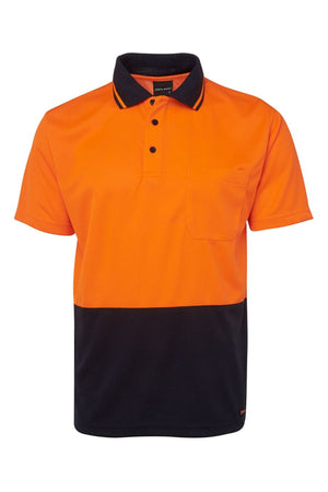 JBs Hi Vis Non Cuff Traditional Polo: Short-sleeve 100% polyester shirt with orange top and collar, black lower half, left chest pocket, and classic button-up neckline.