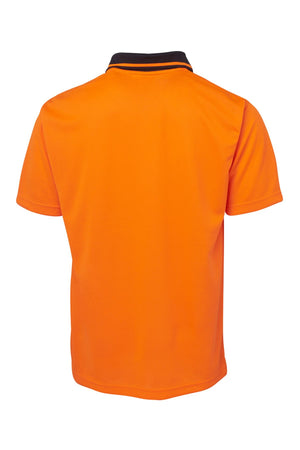 The JBs Hi Vis Non Cuff Traditional Polo is a bright orange, short-sleeve polo shirt made from 100% polyester, shown from the back with a black collar featuring an orange stripe.