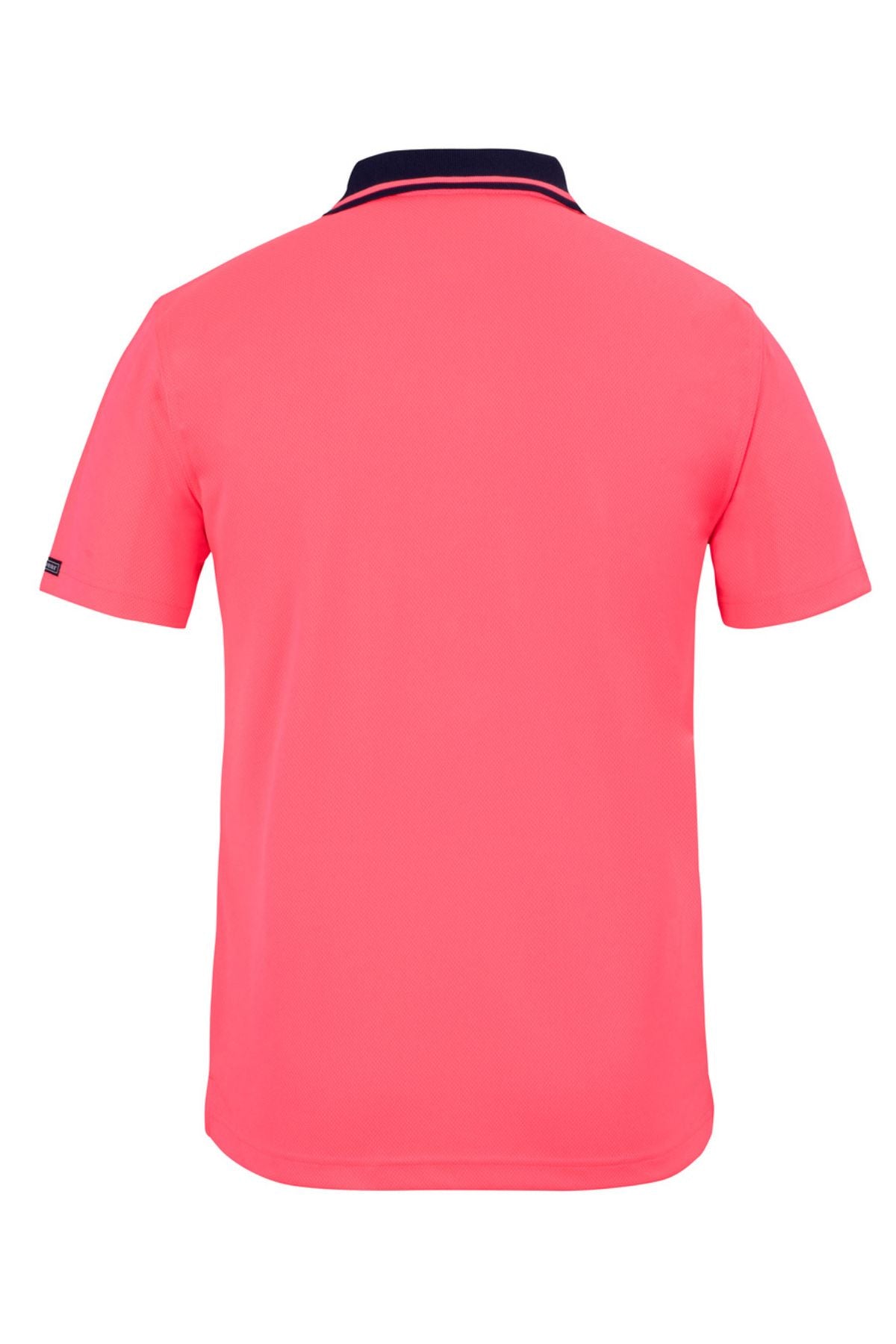 Back view of the JBs Hi Vis Non Cuff Traditional Polo, a short-sleeved, bright pink shirt with a dark navy collar and small logo on the left sleeve. Made from 100% polyester, it’s plain with no visible patterns or designs.