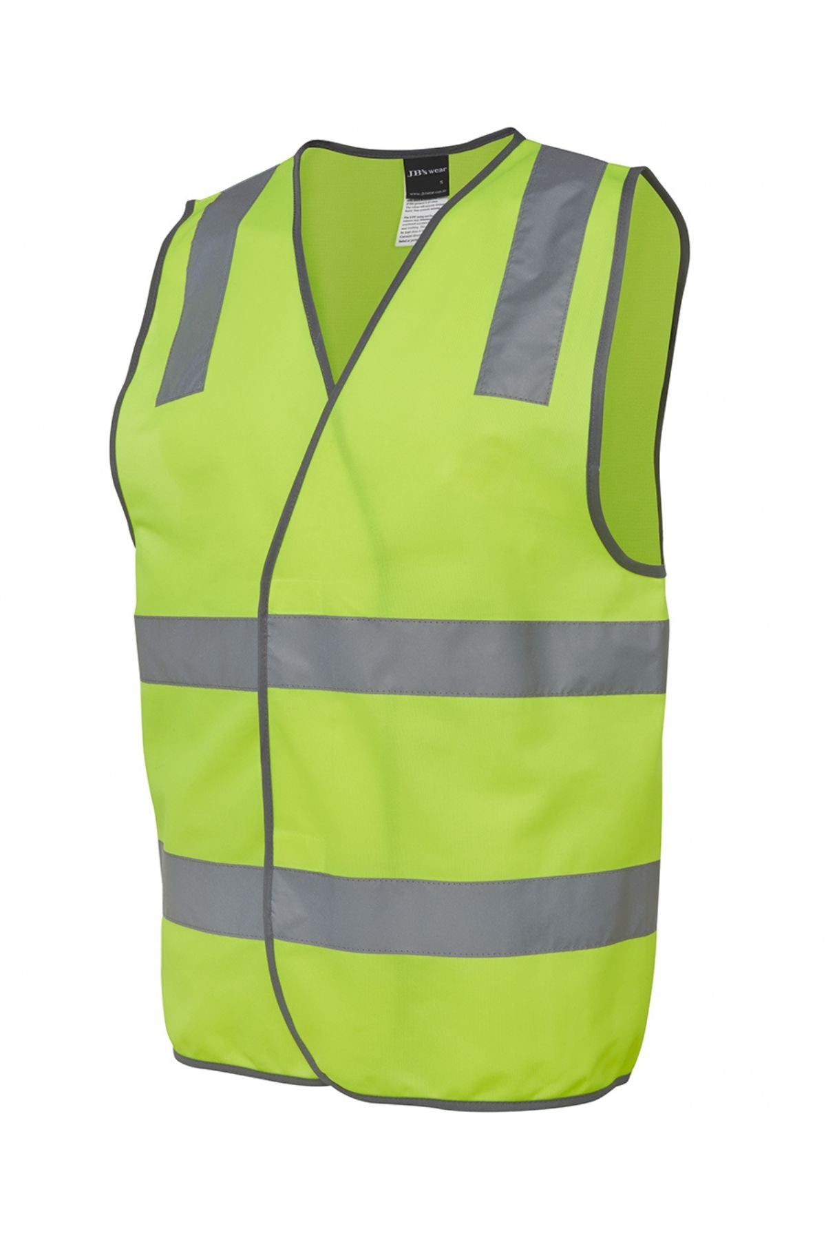 The JBs Hi Vis Safety Vest is a bright yellow-green polyester vest with reflective gray stripes on the chest, waist, and shoulders, shown against a white background.