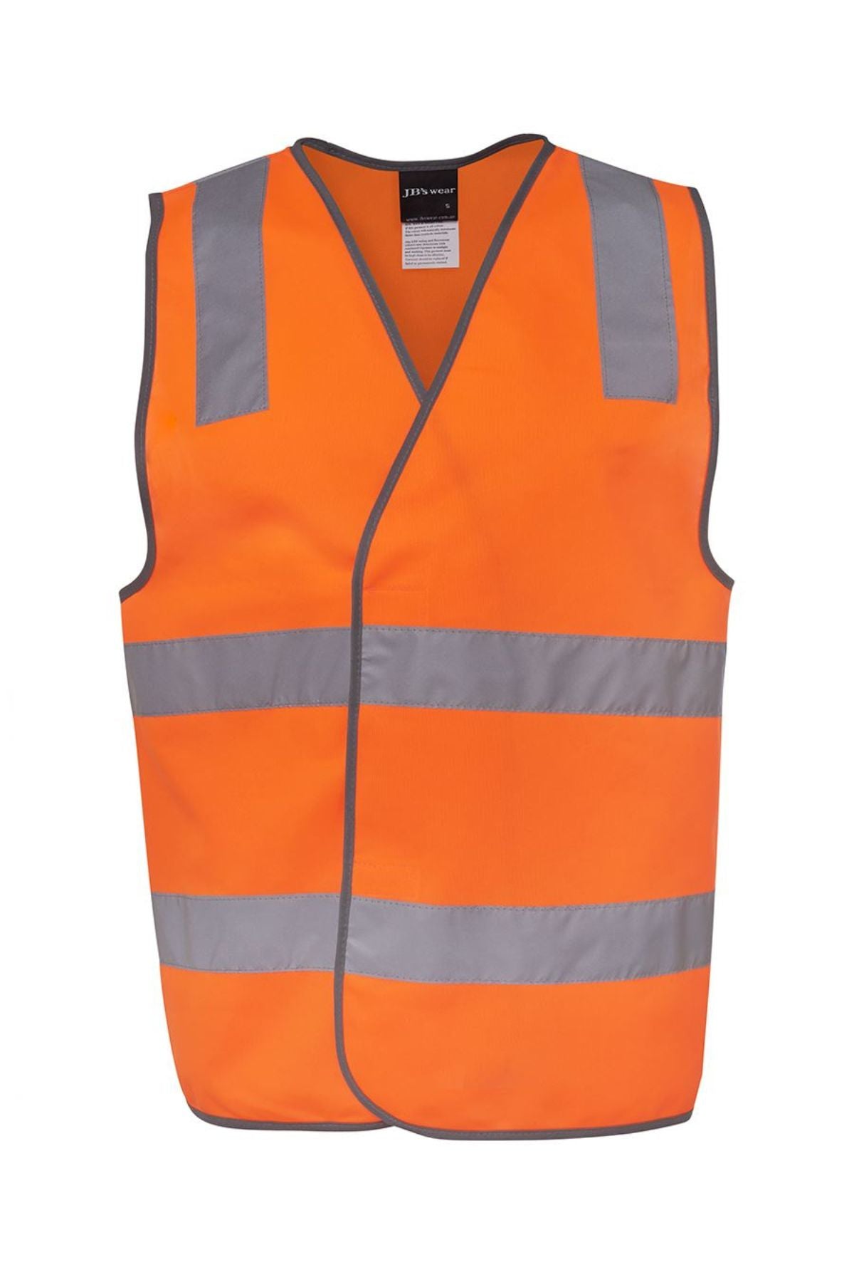 The JBs Hi Vis Safety Vest is an orange polyester vest with two horizontal reflective gray stripes around the torso and two vertical stripes on the shoulders, shown on a white background.