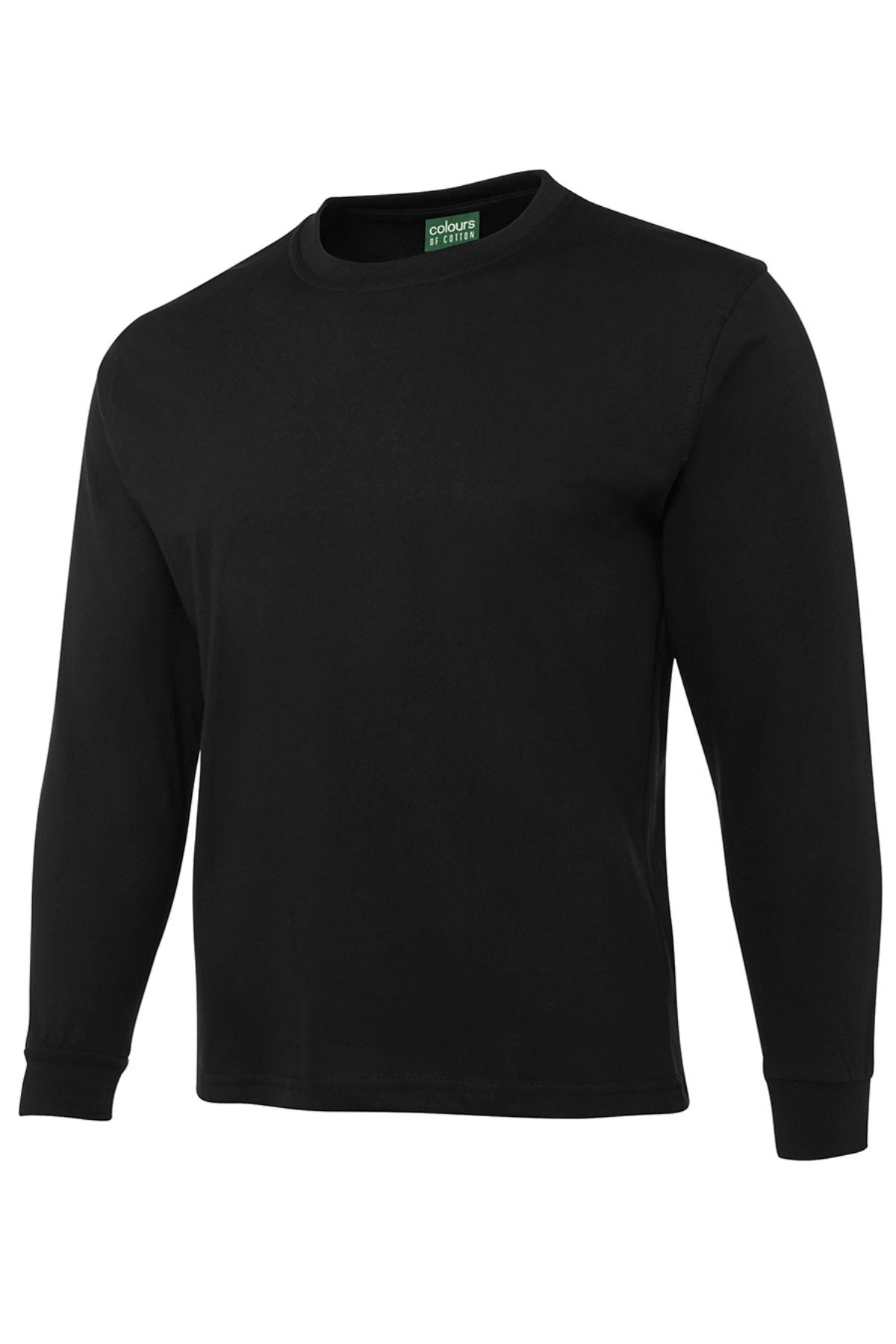 The JBs Long Sleeve T-Shirt is a classic fit, plain black crew neck, made from 100% cotton, shown on a white background.