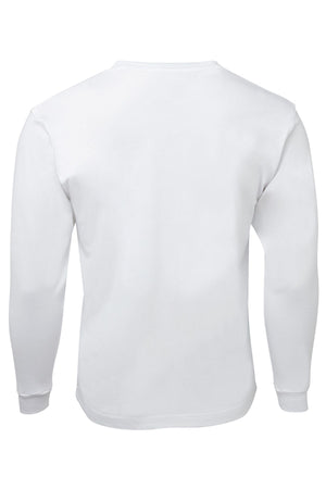 The JBs Long Sleeve T-Shirt is shown from the back in plain white. Made from 100% cotton, it features a crew neckline, ribbed sleeve cuffs, a classic fit, and has no visible logos, patterns, or designs.